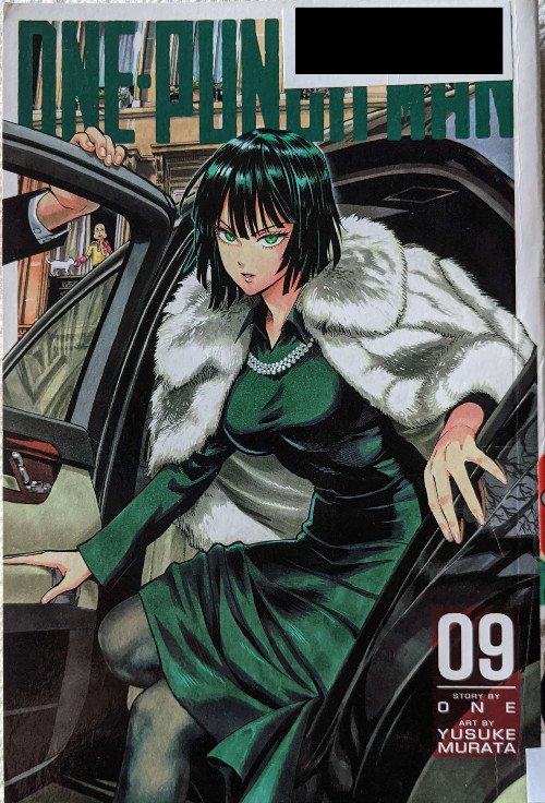 Cover for Volume nine of One Punch Man, written by One, Art by Murata Yusuke. Shows Blizzard getting out of a black car while someone holds the door open for her. In the background, in an apartment window, Saitama is looking out while petting a white cat.