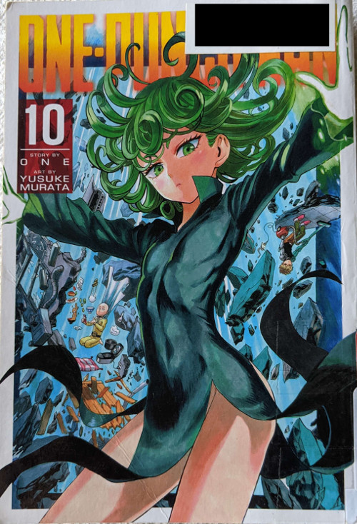 Cover for Volume ten of One Punch Man, written by One, Art by Murata Yusuke. Shows Terrible Tornado with rubble flying behind her. Amongst the rubble is Saitama, trying to eat a meal with all of the food displaced, and Genos, upside down and attempting to vaccuum the rubble.