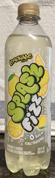 A bottle of Lemonade flavored Splashfizz. The lettering is designed after North American grafitti, with lots of small white bubbles all over. There are also several whole lemons and sliced lemons. At the bottom it reads 0 Sugar, with little wings on the 0, as well as the word Electrolytes. The liquid inside is clear and pale yellow.